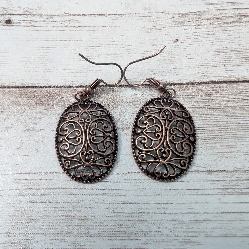 Earrings For Pierced Ears Brown Metal Oval Ornate
